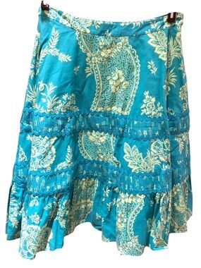 Anthro Odille Floral A-Line Skirt Teal Yellow Ruffle Hem Cotton Size 4